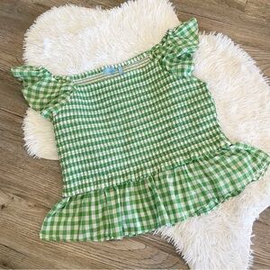 Draper James RSVP Gingham Smocked Top Green White Ruffle Peplum Cotton XXL